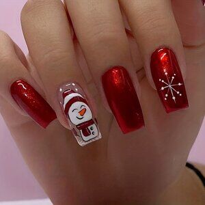 24pcs Glossy Medium Square Fake Nails, Aurora Red Press On Nails With Snowflake